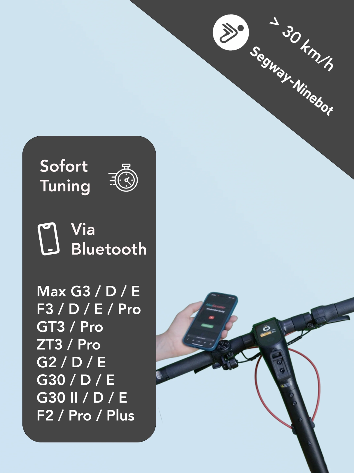 VoltGear-Tuning für Ninebot Max G3 D + GT3 + ZT3 + G2 D + G30 D + F2 + F2 Plus + F2 Pro via Bluetooth